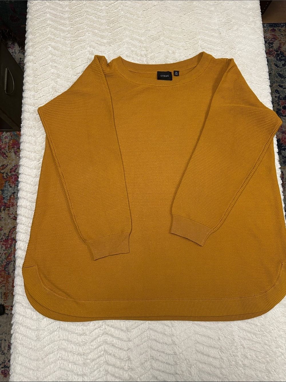 Cyrus Rich Mustard Ribbed Curved Hem  Pullover Sweater, 1X